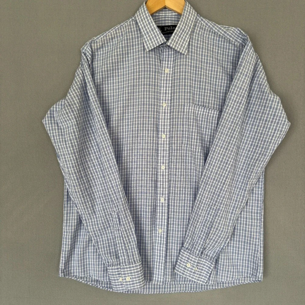 Polo Ralph Lauren Oxford Dress Shirt Men's Size 16‎ Blue Check Plaid Classic Fit